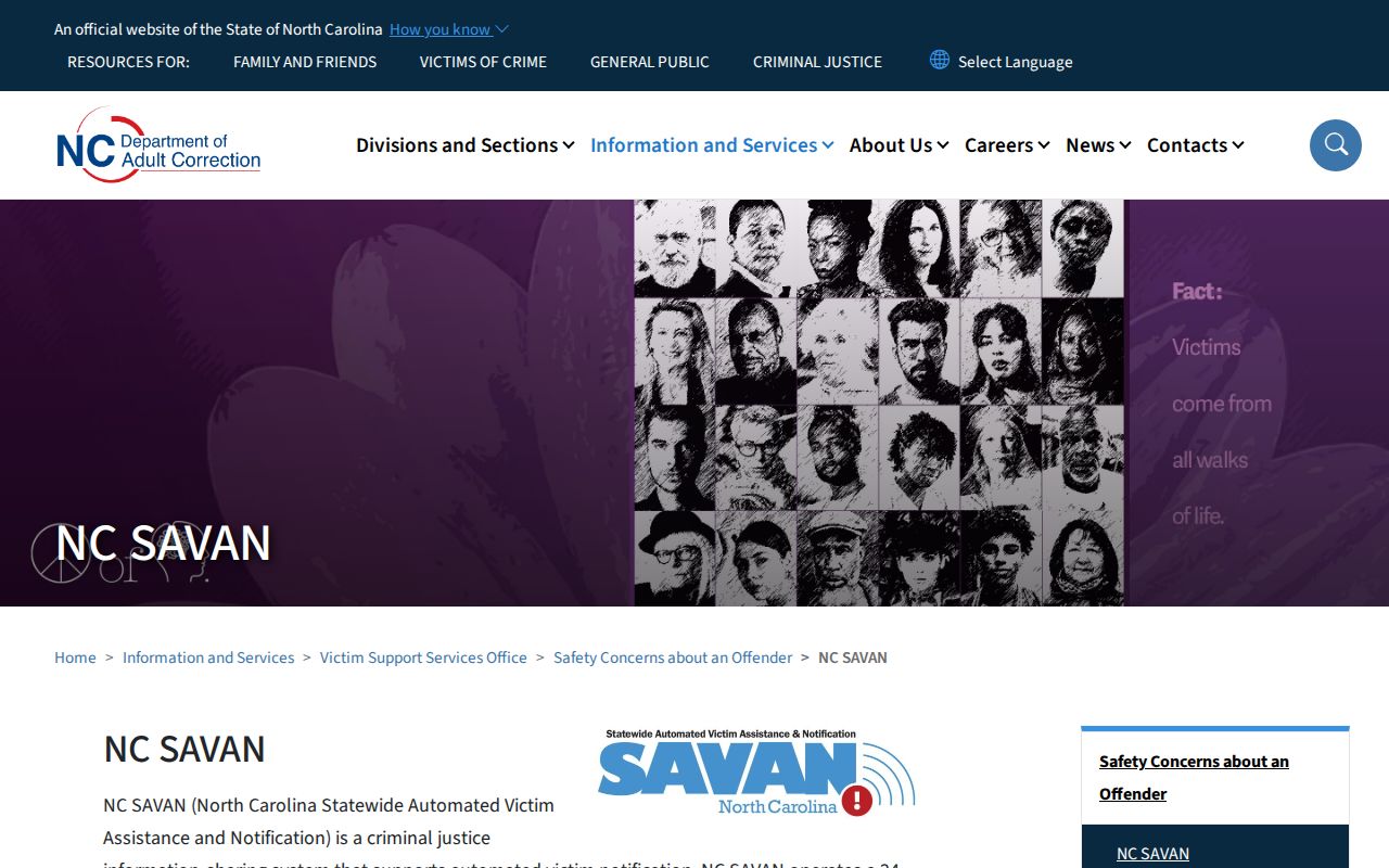 North Carolina Department of Adult Correction NC SAVAN information page