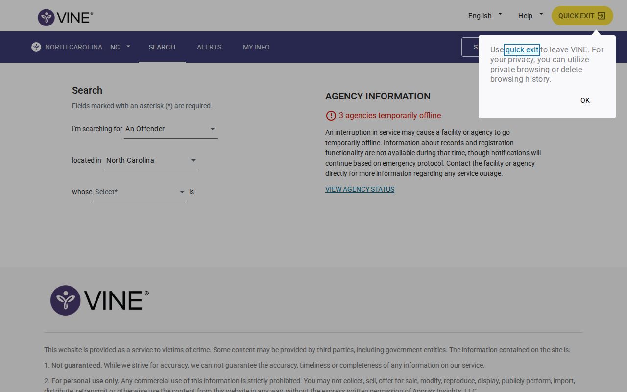 North Carolina VINELink blank person custody search interface