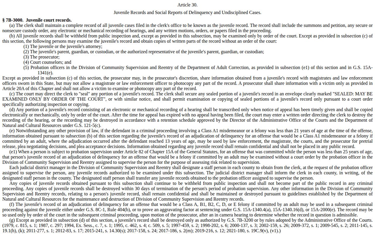 North Carolina General Statutes juvenile records confidentiality provision
