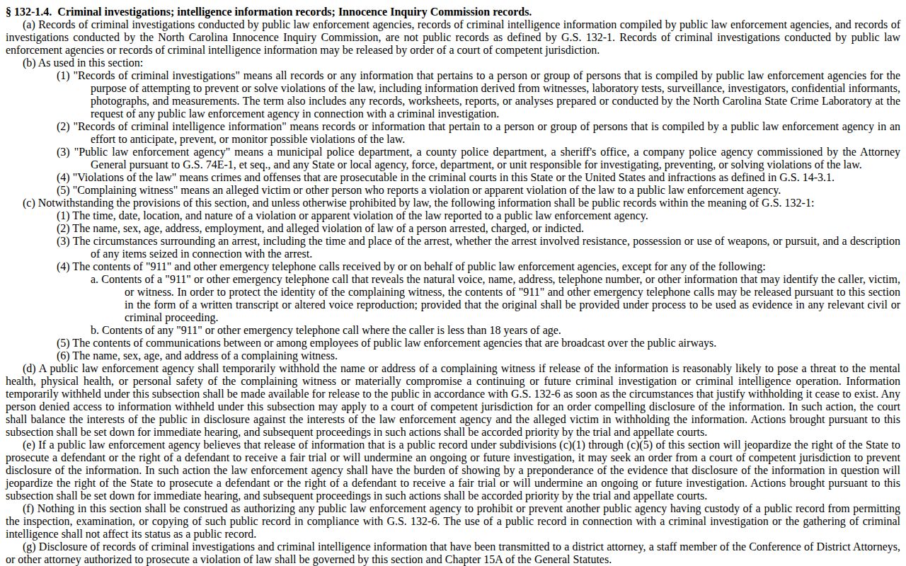 North Carolina public arrest information statute for Vance County records