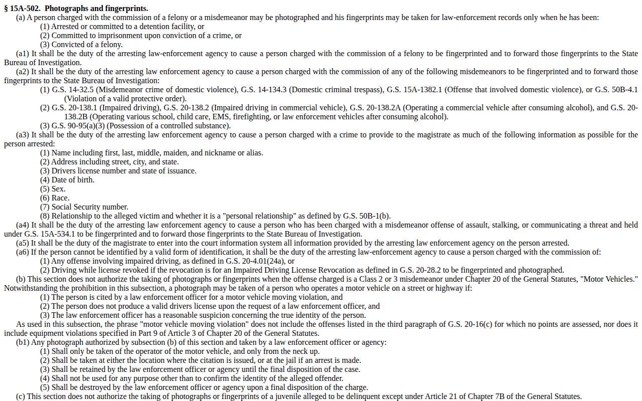 North Carolina statute governing Vance County arrest booking photographs