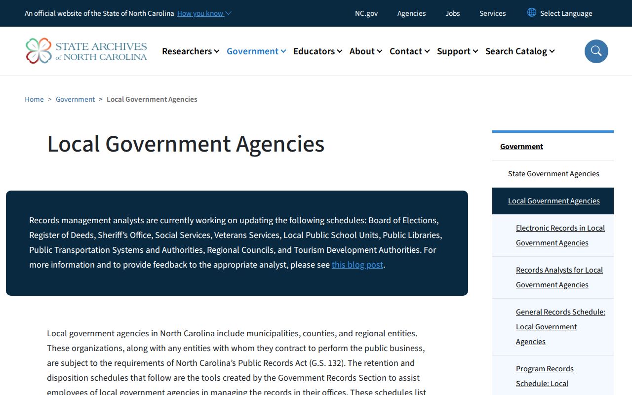 North Carolina State Archives local government records and retention webpage