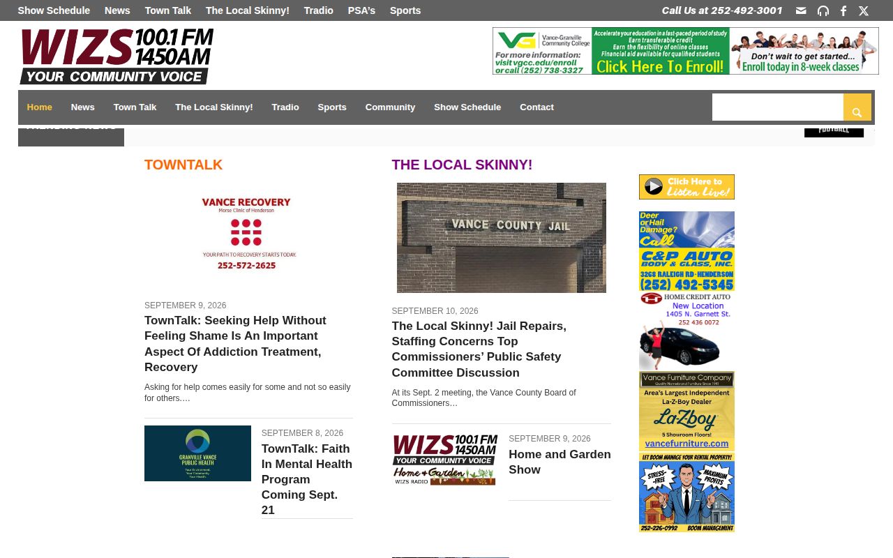 WIZS local news site showing Vance County reporting context